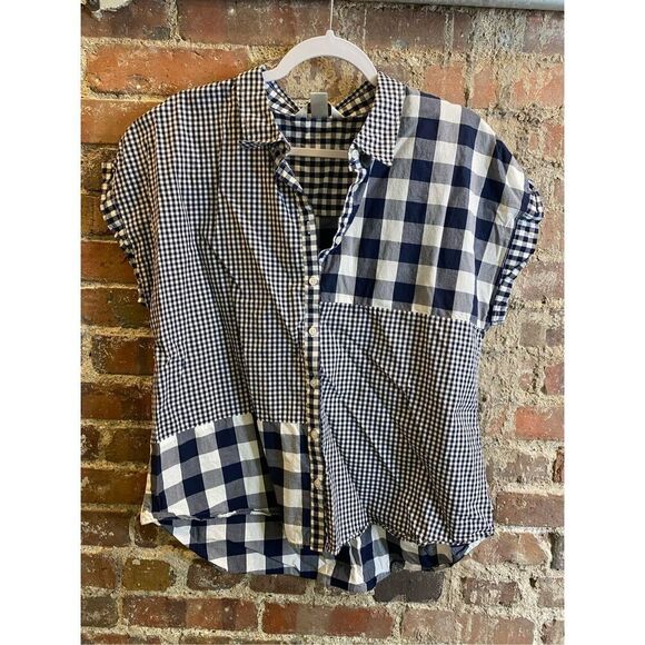 Christopher & Banks • Navy/White Pattern Block Plaid Short Drop Sleeve Button Do - Picture 1 of 8